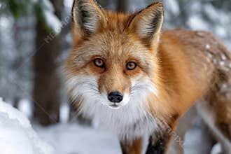 Red fox exploring a snowy forest habitat during winter