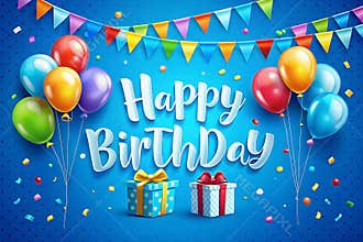 Festive Happy Birthday greeting card with balloons, gifts, and confetti