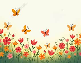 Colorful illustration butterflies flying over flowers on spring, summer background. Blossoming floral meadow with green grass,