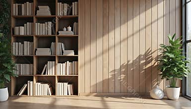 Pro business Zoom virtual background. Modern office room, minimalist design, wooden wall, bookshelves, indoor plants, home office