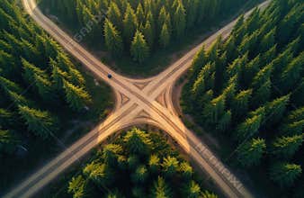 Aerial view road intersection forest. Crossroads path, trails in green woodland. Pathway decision concept. Nature scene, travel