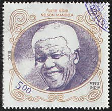 A 2018 Indian stamp honoring Nelson Mandela, featuring his portrait and a 500 denomination.