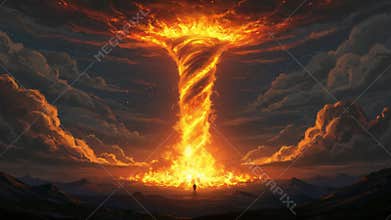 Fiery Vortex of Destruction: A lone figure witnesses apocalyptic inferno