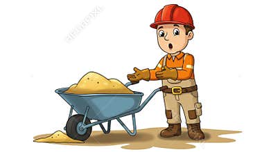 Surprised Construction Worker with Wheelbarrow Full of Sand