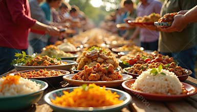 Neighborhood potluck dinner. Tables set with various dishes. Buffet style food, healthy meal options. People serve from many