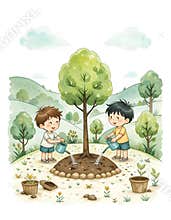 Children Watering Tree Cartoon Illustration Environment Conservation Earth Day