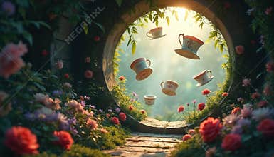 Enchanting illustration presents keyhole view into magical world. Floating teacups, Alice Wonderland theme. Whimsical garden with