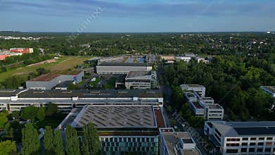 7.8.25 Berlin Ger, Adlershof big Tv studios. Smooth aerial view flight drone