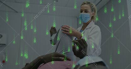 Female physician placing hands on knee, flexing leg for health assessment with green code overlay