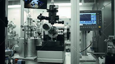 Quantum Sensor Calibration Lab Interior Featuring Advanced Optical Microscope and Cylindrical Metallic Apparatus Showcasing