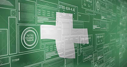 Floating cross rotating clockwise over grid, panels shifting outward, data updating for UI demo