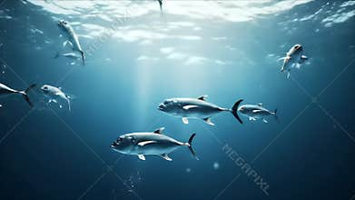 A Majestic School of Tuna Fish Swimming Through Sunbeams in the Deep Blue Ocean