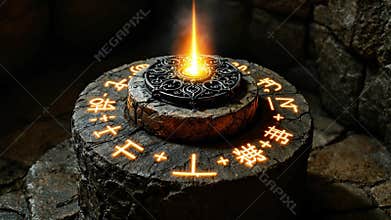Mysterious glowing artifact resting on ancient stone pedestal emitting magical light