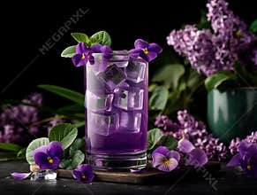 Homemade drink cold violet lemonade with herbs and ice cubes in a glass isolated on a black background