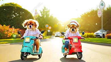 Summer Dogs Riding Scooters Joyfully