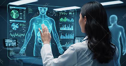 A doctor analyzing a human body X-Ray holographic screen display. Generative AI.