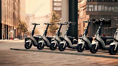 Row of electric scooters stands neatly aligned on urban sidewalk. e-scooters parked in formation outside building,. AI generated
