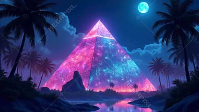 Glowing pyramid reflecting in water under full moon