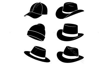 Black hat silhouettes baseball cap fedora cowboy hat beanie vector