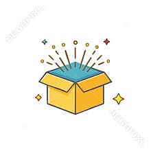 Gift box exploding with stars and golden sparks, surprises and celebration