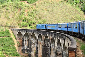 Train on bridge in hill country of Sri Lanka