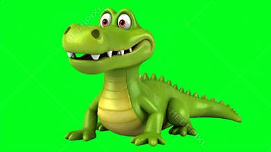 A charming cartoon alligator with a friendly smile sits against a vibrant green backdrop, exuding a playful and inviting