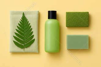 Natural skincare essentials featuring a lush green fern leaf and soothing bath products on a soft yellow surface