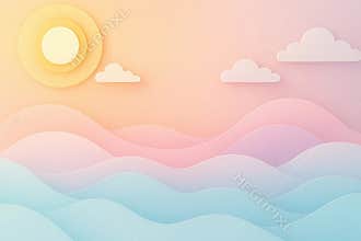 Whimsical paper cutout sky scene with soft pastel clouds and a gentle sun radiating warmth