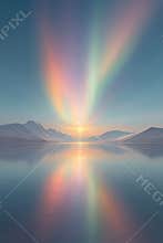 Vibrant aurora borealis shimmers over a serene arctic landscape reflected in calm waters