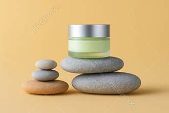 Serene skincare jar perched atop smooth river stones in a calming studio setting