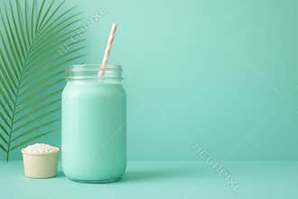 Refreshing mint green smoothie in a glass jar with a palm leaf accent and protein powder scoop