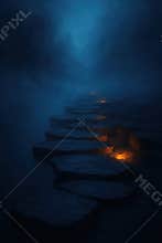 Mysterious glowing lantern illuminates a serene path through a deep blue twilight forest