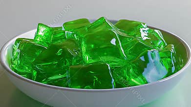 Bright green gelatin cubes filling a white bowl