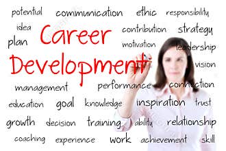 Young business woman writing career development concept. Isolated on white.