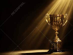 A golden trophy, illuminated on a dark background, stands centrally on a pedestal The reflective metal surface is emphasized by