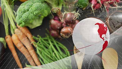 On start 3D globe rotating leftward shifting veggies while utensils sliding in for cooking demo