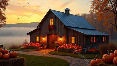 Cozy Barn House with Pumpkins and Autumn Glow