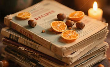 Cozy Autumn Scene with Books, Oranges, and Acorns