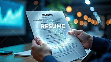 A close-up of trembling hands holding a resume that slowly disintegrates into digital pixels. In the background, a projection of