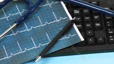 Panorama of a medical desk with folders and stethoscope on