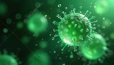Microscopic view of illuminated exosomes in emerald green fluid. Dynamic cellular particles showcase vibrant energy,