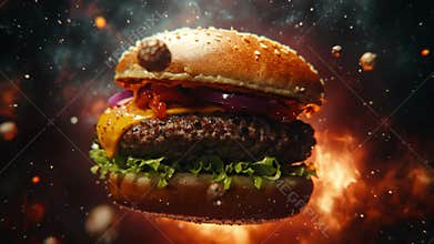 An epic burger in a cinematic explosion of fire and flavor. The ultimate hero shot for a powerful brand, menu launch, or food