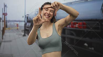 Smiling woman forms rectangular frame with her hands and bare arms visible on street; creative vision