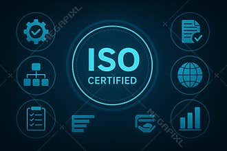 Iso certification process ensuring quality control, featuring icons that represent standardization aspects like workflow, document