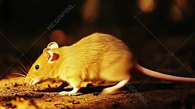 Brown rat exploring forest floor at sunset