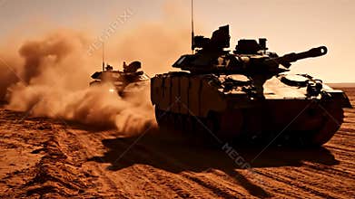 Low-angle shot of a military tank convoy advancing through a dusty desert at sunset