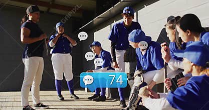 Coach holding bat and gesturing with team in blue jerseys in dugout, with speech icons, gloves