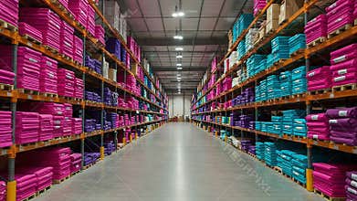 Colorful Fabrics Stacked Neatly in Warehouse Aisle with Bright Lighting