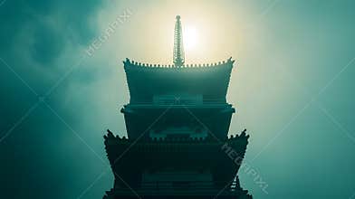 Generative AI Mysterious Japanese Pagoda Silhouette at Sunset with Dark Moody Atmosphere business concept.