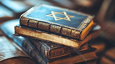 Generative AI Vintage stack of Jewish religious books with golden Star of David on rich ornate covers business con